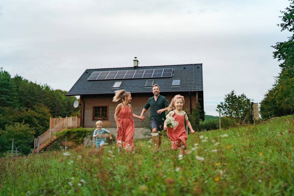 femme qui court dans l'herbe face à une maison en bois 